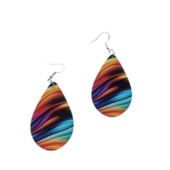None Jewelry - Rainbow Color Water Drop Dangle Earrings Wooden Material Multicolor 3" Drop